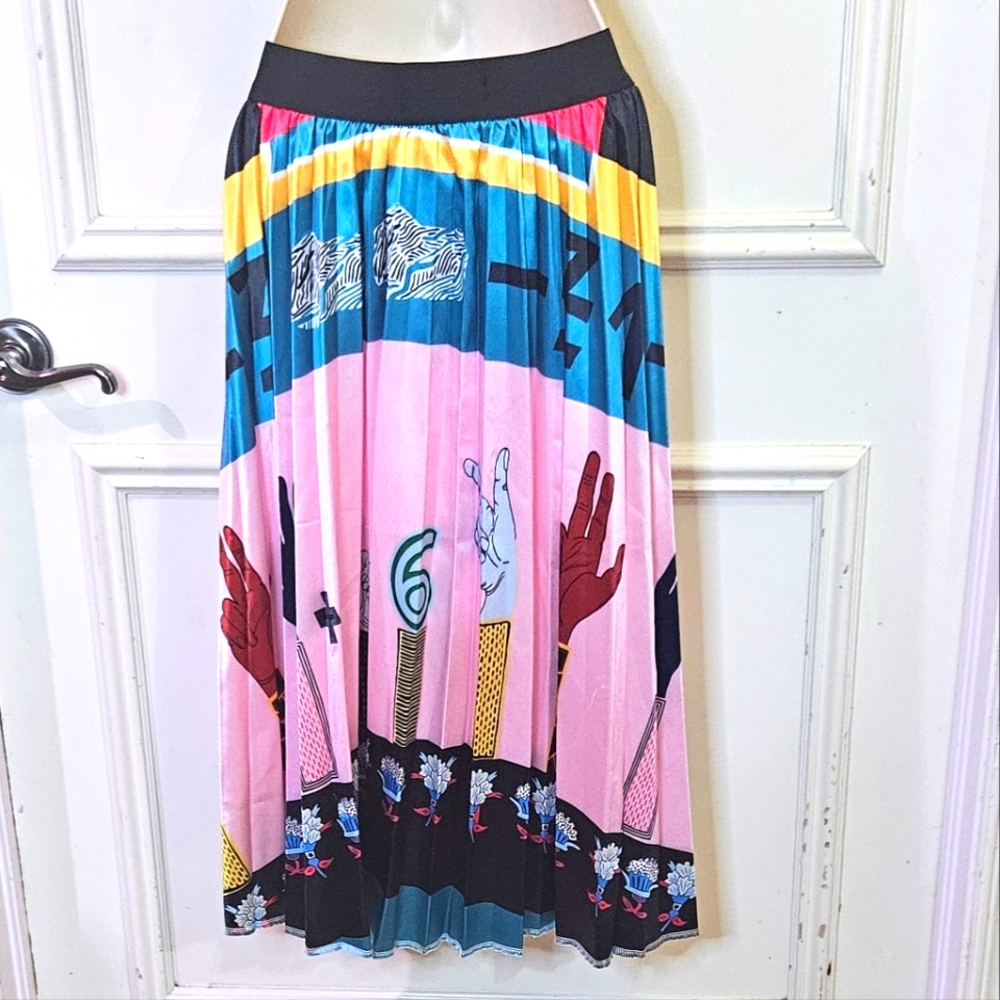 MNOGCC United! Pink/Blue Multi-Color Print Retro Pleated A-Line Skirt, X-Large - Picture 10 of 13